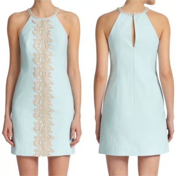 Lilly Pulitzer Pearl Whisper Blue Gold Embroidered Back Zipper Shift Dress 4 - Picture 1 of 4